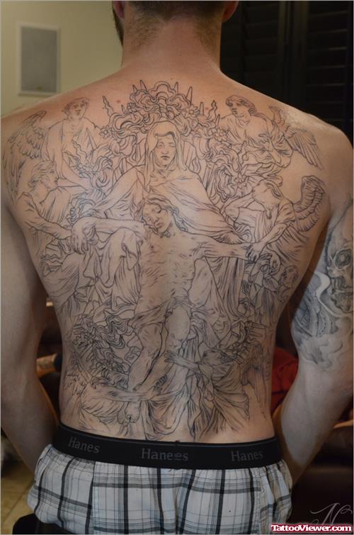 Grey Ink Jesus Tattoos On Back Body