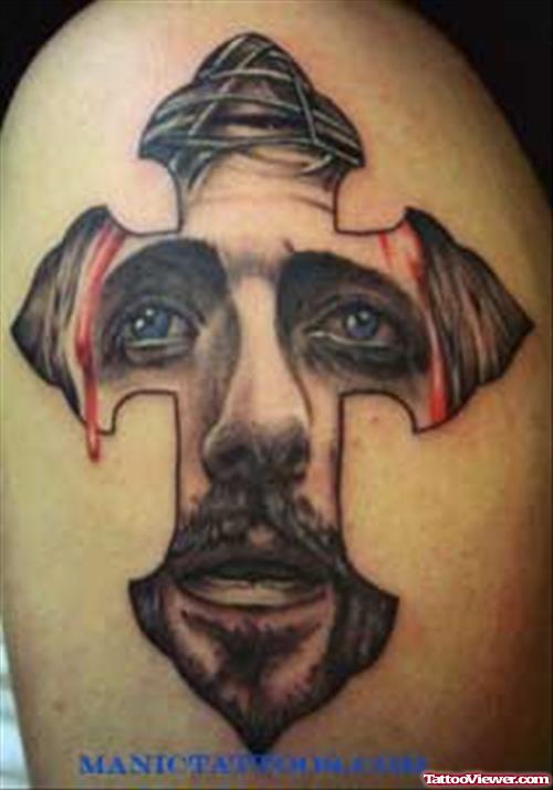 Cross And Jesus Face Tattoo