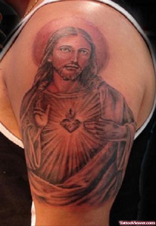Classic Grey Ink Jesus Tattoo On Man Left Shoulder