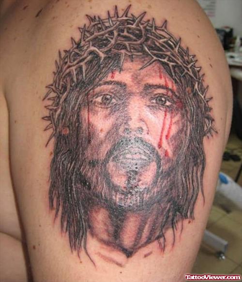 Bleeding Face Jesus Tattoo On Shoulder