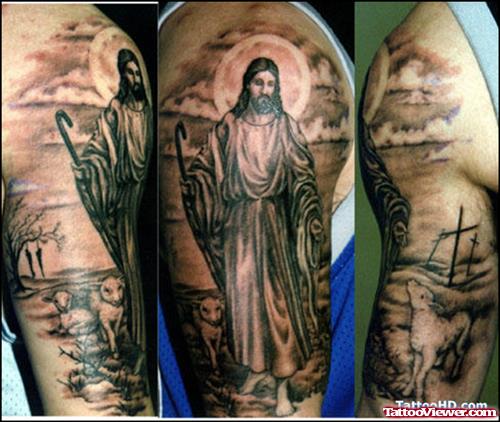Awesome Sacred Heart And Jesus Tattoo On Half Sleeve