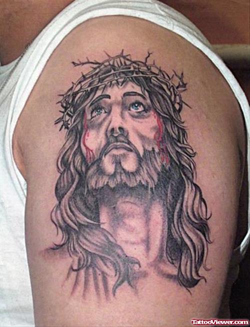 Awesome Man Left Shoulder Jesus Head Tattoo