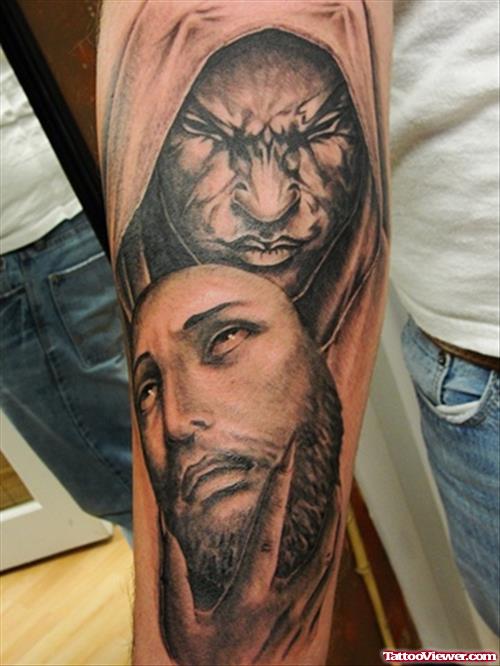 Awesome Grey Ink Jesus Tattoo On Left Sleeve
