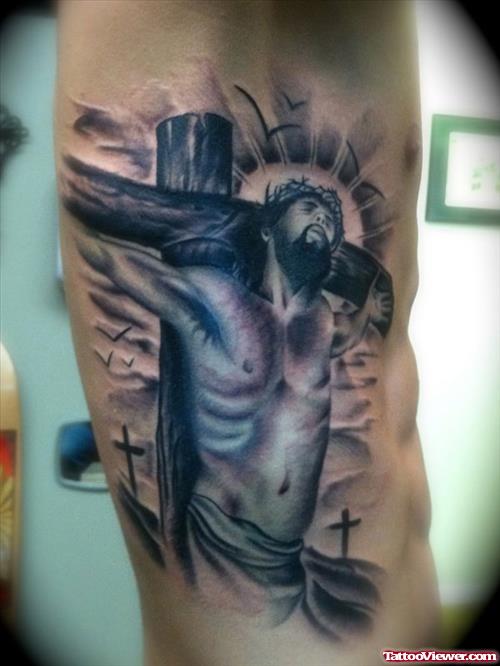 Nice Jesus Christ Tattoo On Man Side Rib