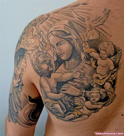 Mother Mary And Jesus Tattoo On Left Back Shoulder