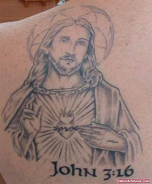Memorial Grey Ink Jesus Tattoo On Left Back Shoulder