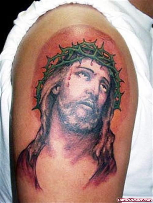 Jesus Head Tattoo On Man Right Sleeve