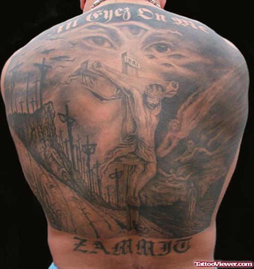 Grey Ink Large Jesus Head Tattoo On Back Body