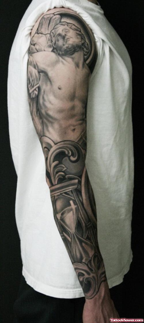Grey Ink Jesus Christ Tattoo On  Man Right Sleeve