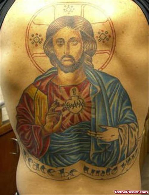 Colored Religious Jesus Tattoo On Back