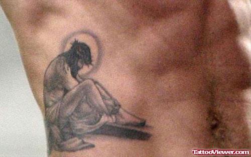Best Grey Ink Jesus Tattoo On Man Side Rib