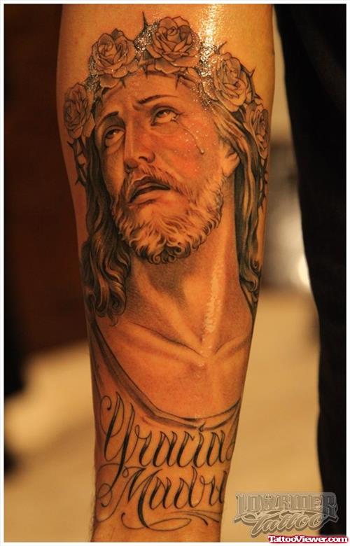 Beautiful Grey Ink Jesus Tattoo On Right Forearm