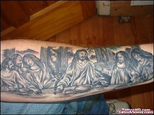 Amazing Grey Ink Jesus Tattoo On Sleeve
