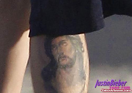 Justin Beiber Jesus Christ Tattoo On Leg