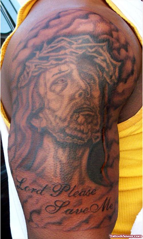 Jesus Head Tattoo On Right Shoulder