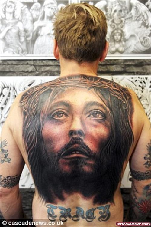 Jesus Head Tattoo On Man Full Back