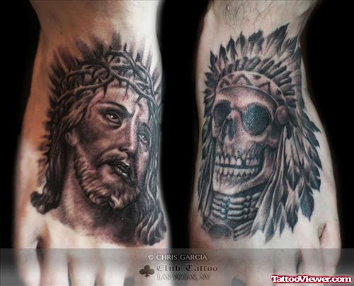 Grey Ink Native Skull and Jesus Head Tattoos On Feet