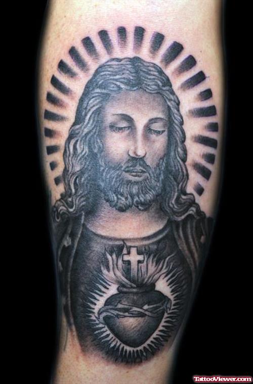 Dark Ink Sacred Heart And Jesus Tattoo On Right Forearm