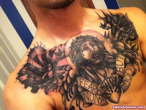 Dark Ink Jesus Tattoo On Man Chest