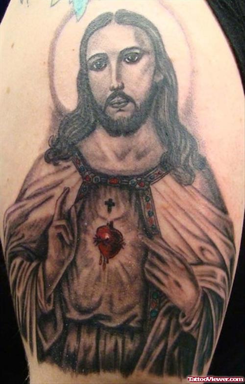 Attractive Jesus Tattoo On Left Half Sleeve