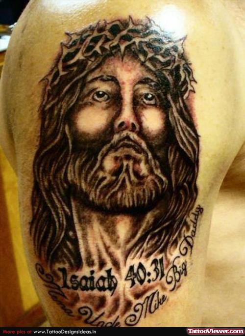 Attractive Grey Ink Jesus Tattoo On Man Right Shoulder