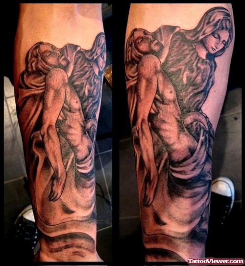 Grey Ink Jesus Tattoo On Left Arm