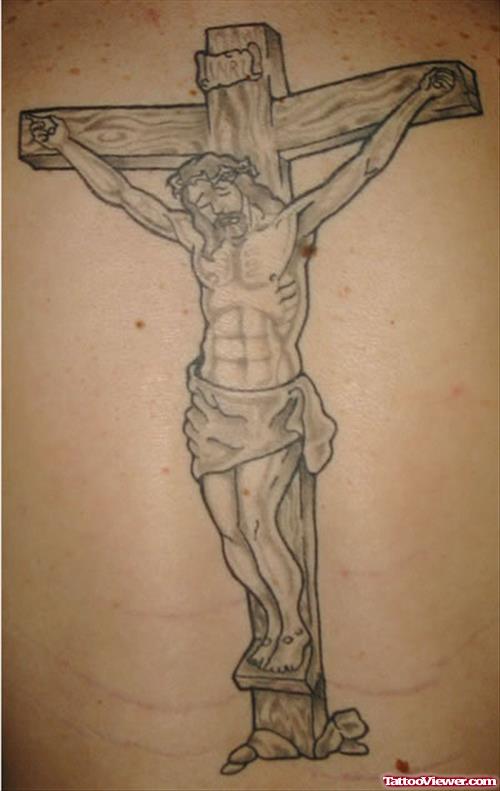 Grey Ink cross And Jesus Tattoo