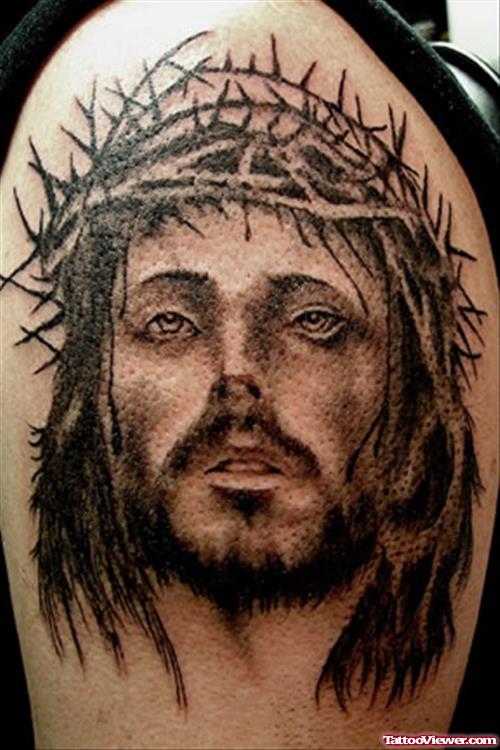 Beautiful Grey Ink Jesus Tattoo On Shoulder