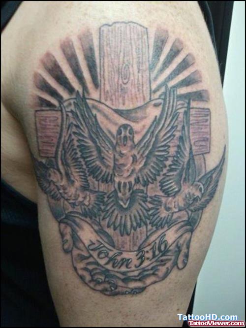 Cross And Flying Dove Jesus Tattoo On Left Shoulder