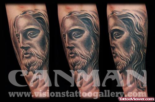 Crazy Grey Ink Jesus Head Tattoo