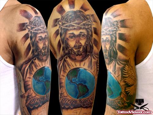 Colored Jesus Tattoo On Man Full Sleeve