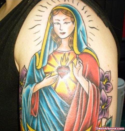 Colored Jesus Mother Mary Tattoo On Half Sleeve