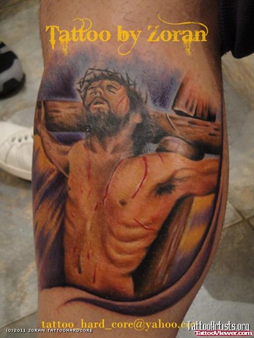 Color Jesus Tattoo On Inner Bicep