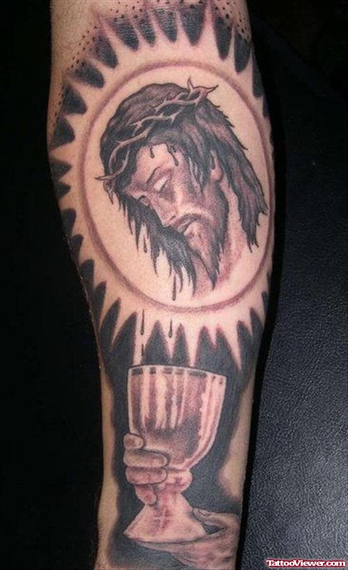 Black Ink Jesus Tattoo On Right forearm
