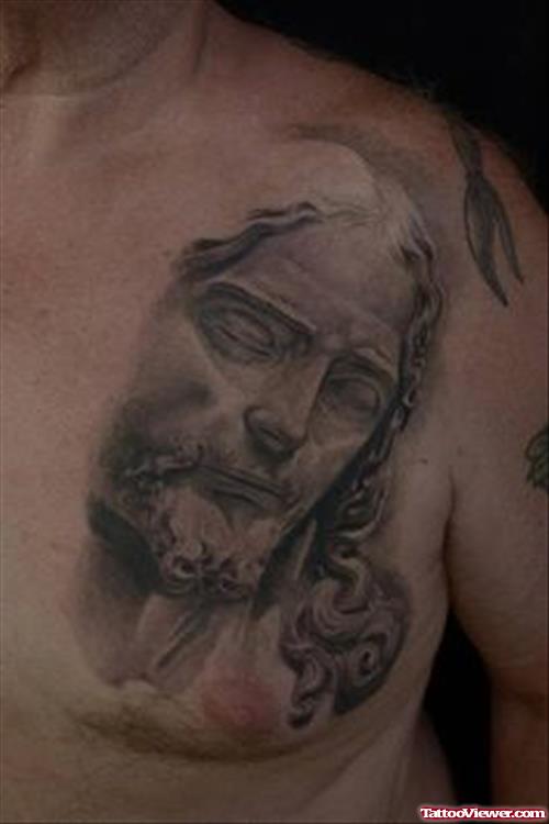 Amazing Grey Ink Jesus Tattoo On Man Chest
