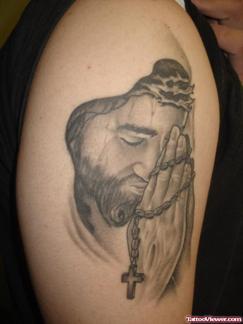 Religious Grey Ink Jesus Head Tattoo On Right Shoulder