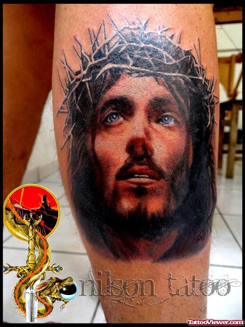 Jesus Tattoo On Right Back Leg