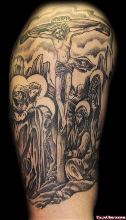 Grey Ink Virgin Mary And Jesus Tattoos Designs