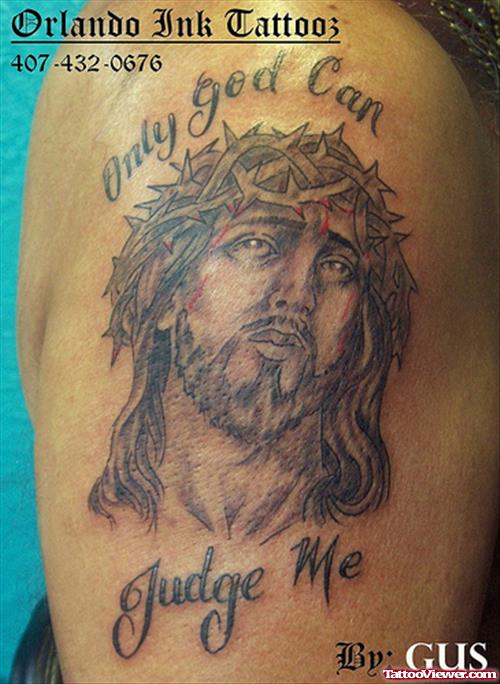 Grey Ink Judge Me Jesus Head Tattoo