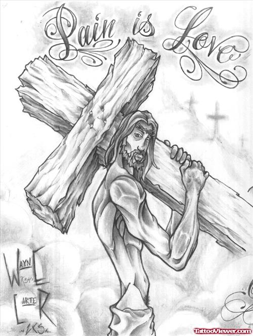 Grey Ink Cross And Jesus Tattoo Design