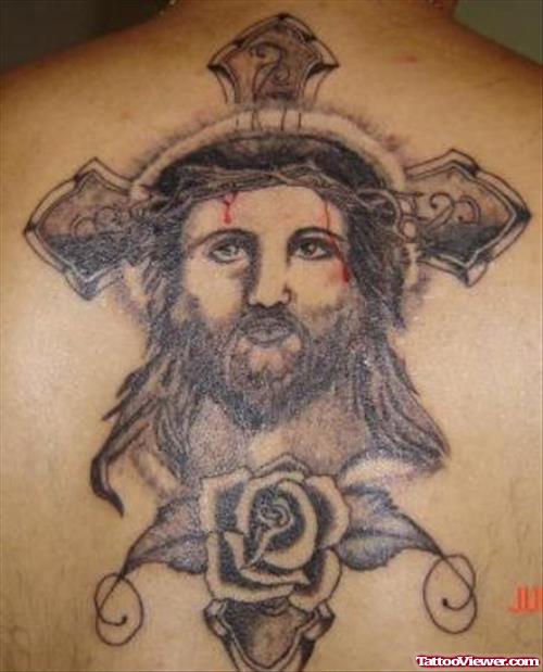 Cross And Jesus Head Tattoo On Back