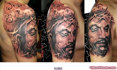 Classic Grey Ink Jesus Tattoo On Right SHoulder