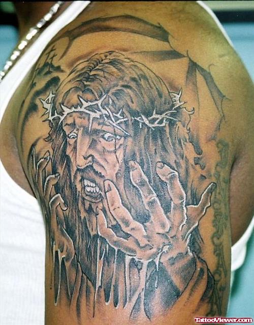 Christian Jesus Tattoo On Left Shoulder