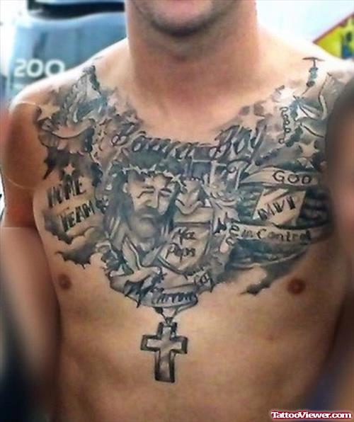 Beautiful Grey Ink Jesus Tattoo On Man Chest