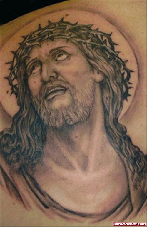 Back Shoulder Grey Ink Jesus Tattoo