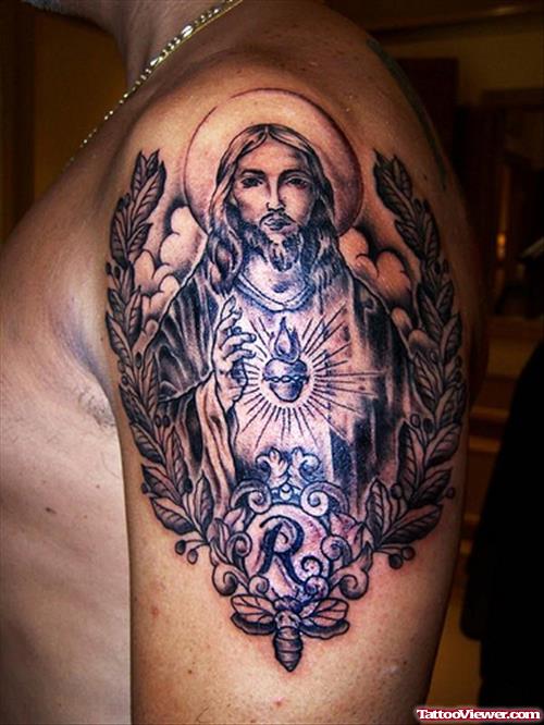 Awful Grey Ink Jesus Tattoo On Man Left Shoulder