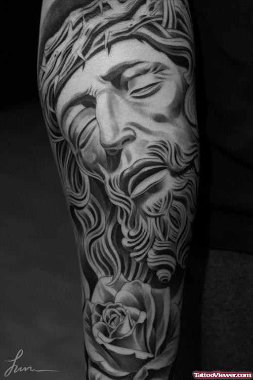 Awesome Grey Ink Jesus Head Tattoo On Sleeve