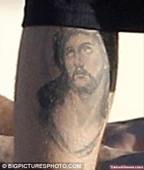 Amazing Grey Ink Jesus Tattoo On Left Leg