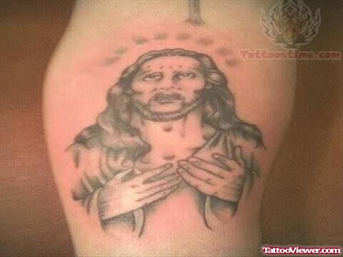 Nice Grey Ink Jesus Tattoo