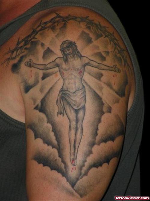 Jesus Tattoo On Man Left Half Sleeve